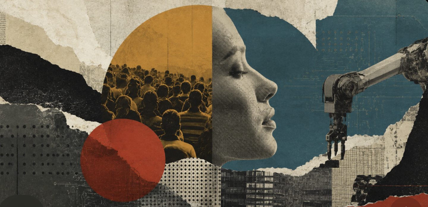 Editorial collage illustration combining a crowd of people, a human face in profile, and a robotic arm, torn-paper style with a red circle accent.