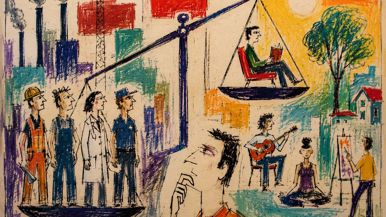 Hand-drawn editorial illustration of a balance scale weighing a group of workers in hard hats, overalls, and a lab coat against a single man reading in an armchair, set against a colorful cityscape at sunset.