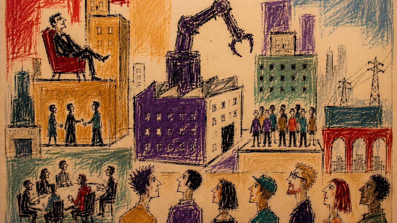Hand-drawn editorial illustration of a man in a red armchair seated atop a tall office building, with a large robotic arm rising from a factory below and a crowd of workers standing on a separate platform.