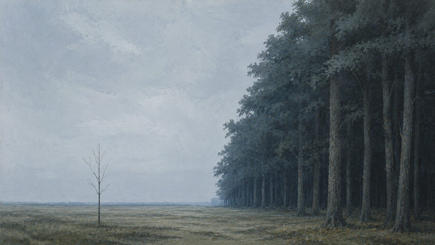 Editorial illustration of a single bare young sapling standing alone in an open field under an overcast grey sky, beside a dense treeline of tall, mature trees.