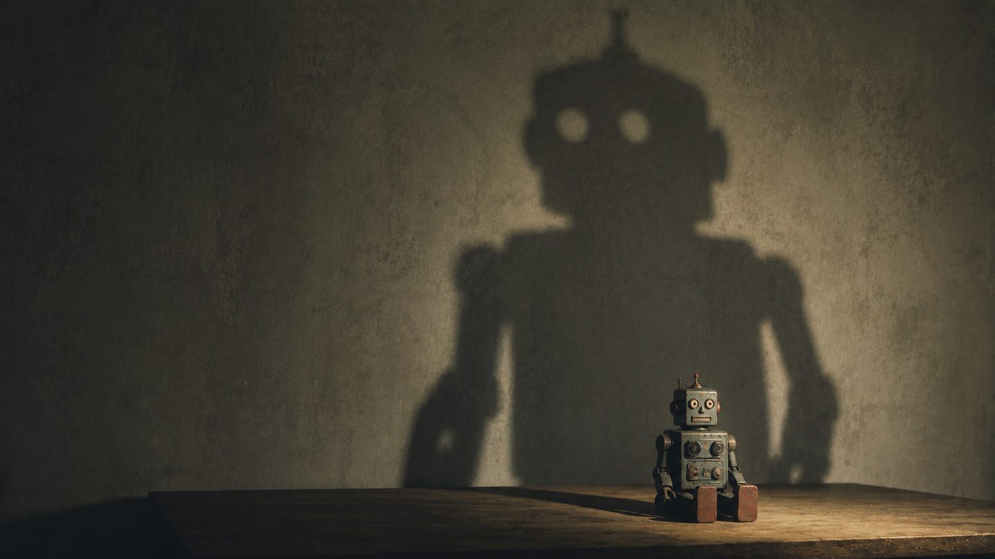 Editorial illustration of a small, worn vintage toy robot sitting alone on a table, casting an enormous, looming shadow on the wall behind it.