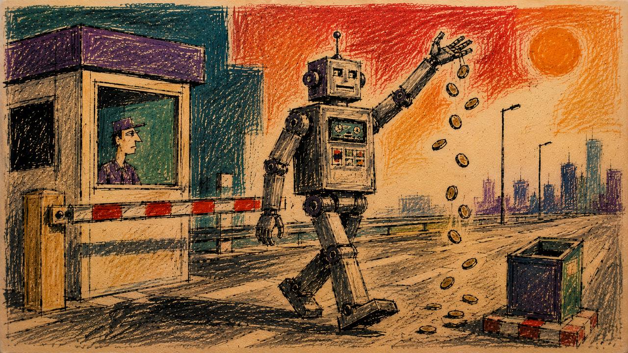 Hand-drawn editorial illustration of a robot walking past a raised tollbooth gate, coins scattering from its outstretched hand onto the road instead of into an empty collection box nearby.